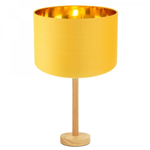 Stylish Light Rubber Wood Table Lamp with 12" Ochre Lamp Shade with Gold Inner