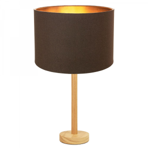 Stylish Light Rubber Wood Table Lamp with 12" Brown Linen Fabric Drum Shade