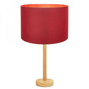 Stylish Light Rubber Wood Table Lamp with 12" Red Linen Drum Lamp Shade