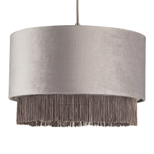 Modern Grey Velvet Drum 14" Pendant Lamp Shade with Tassels and Embroidered Trim