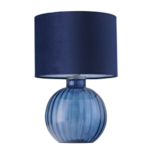 Contemporary Midnight Blue Ribbed Glass Table Lamp with Navy Blue Velvet Shade