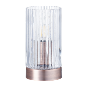 Modern Touch Dimmable Lamp with Antique Copper Base and Ribbed Clear Glass Shade