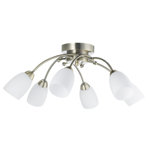 Modern 6 Arm Antique Brass Ceiling Light Fitting with Opal White Glass Shades