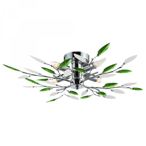 Modern Semi Flush Chrome Ceiling Light with Emerald Green & Frosted Leaves