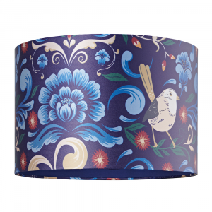 Vivid Floral Midnight Blue Satin Fabric 12" Drum Lamp Shade with Bird Decoration