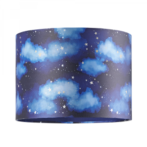 Modern Navy Blue Childrens Lamp Shade with Bright Gold Stars and White Clouds