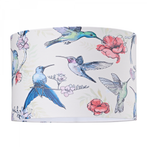 Beautifully Designed Bird Themed 30cm Drum Shade with Colourful Floral Accents