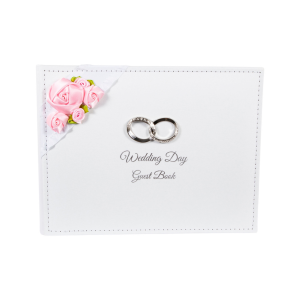 Modern Wedding Day Guest Book with Pink Faux-Silk Roses and Silver Double Rings