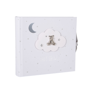Beautiful Ivory White Baby Shower Photo Album with Silver Plated Teddy and Stars