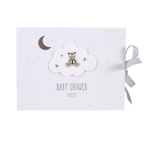 Beautiful Ivory White Baby Shower Guest Book with Silver Plated Teddy and Stars