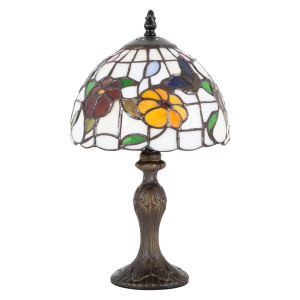 Modern Tiffany Style Table Lamp with Red and Amber Roses and Blue Butterflies