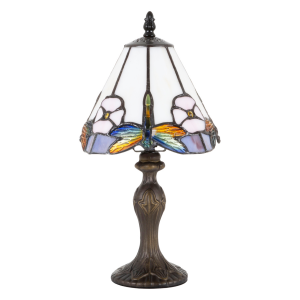Small Modern Tiffany Table Lamp with Multi Coloured Dragonflies and Amber Beads