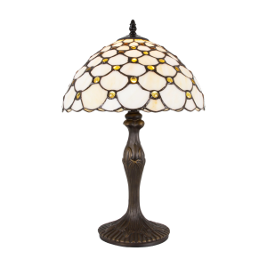 Traditional Stained Glass 12" Tiffany Lamp with Multiple Amber Circular Beads