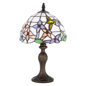 Handmade Stained Glass Tiffany Lamp with Lilac and Amber Flowers and Red Beads