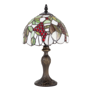 Traditional Handmade Tiffany Table Lamp with Red Bead Grapes and Green Panels