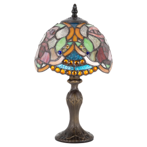 Unique Multi Coloured Stained Glass Tiffany Table Lamp with Rows of Amber Beads