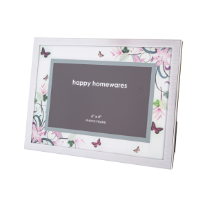 Modern Elegant Brushed Silver 4x6 Photo Frame with Floral and Butterflies Decor