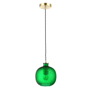 Modern Pendant Light with Black Fabric Cable and Emerald Green Glass Shade