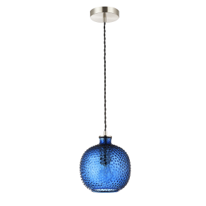 Modern Ceiling Light with Black Fabric Cable and Navy Blue Glass Dimpled Shade