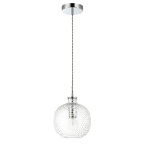 Modern Ceiling Light with Grey Fabric Cable and Clear Glass Dimpled Shade