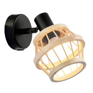 Industrial and Classic Black Switched Wall Light with Brown Bamboo Framed Shade