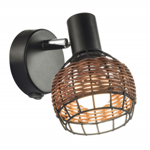 Industrial and Vintage Black Switched Wall Light with Dark Rattan Framed Shade