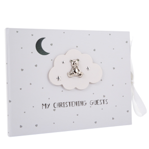 Modern Christening Guest Book with White Faux-Silk Ribbon and Silver Teddy Bear