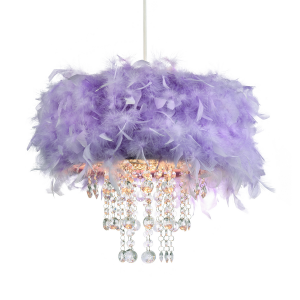 Contemporary Lilac Feather Pendant Light Shade with Transparent Acrylic Droplets