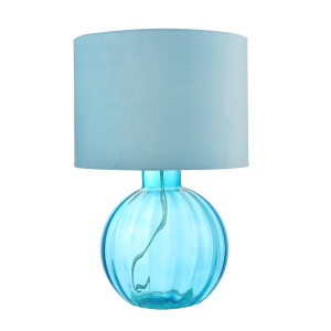 Contemporary Teal Ribbed Glass Table Lamp with Soft Velvet Sky Blue Shade