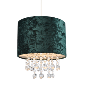Modern Forest Green Crushed Velvet Pendant Shade with Clear Acrylic Droplets