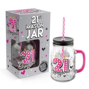 21st Birthday Mason Jar With Metal Lid Glass Handle and Pink/White Straw