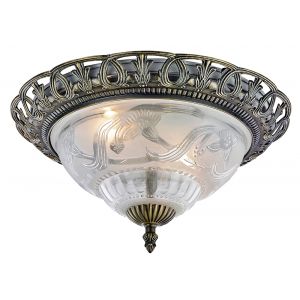 Traditional and Classic Antique Brass and Floral Glass Flush Ceiling Light